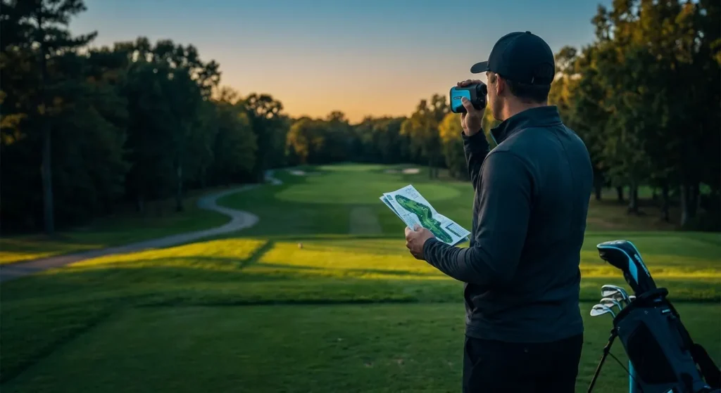 Golf Place golfer uses rangefinder and course map to improve golf course strategy on a scenic course at sunset.