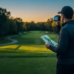 Golf Place golfer uses rangefinder and course map to improve golf course strategy on a scenic course at sunset.