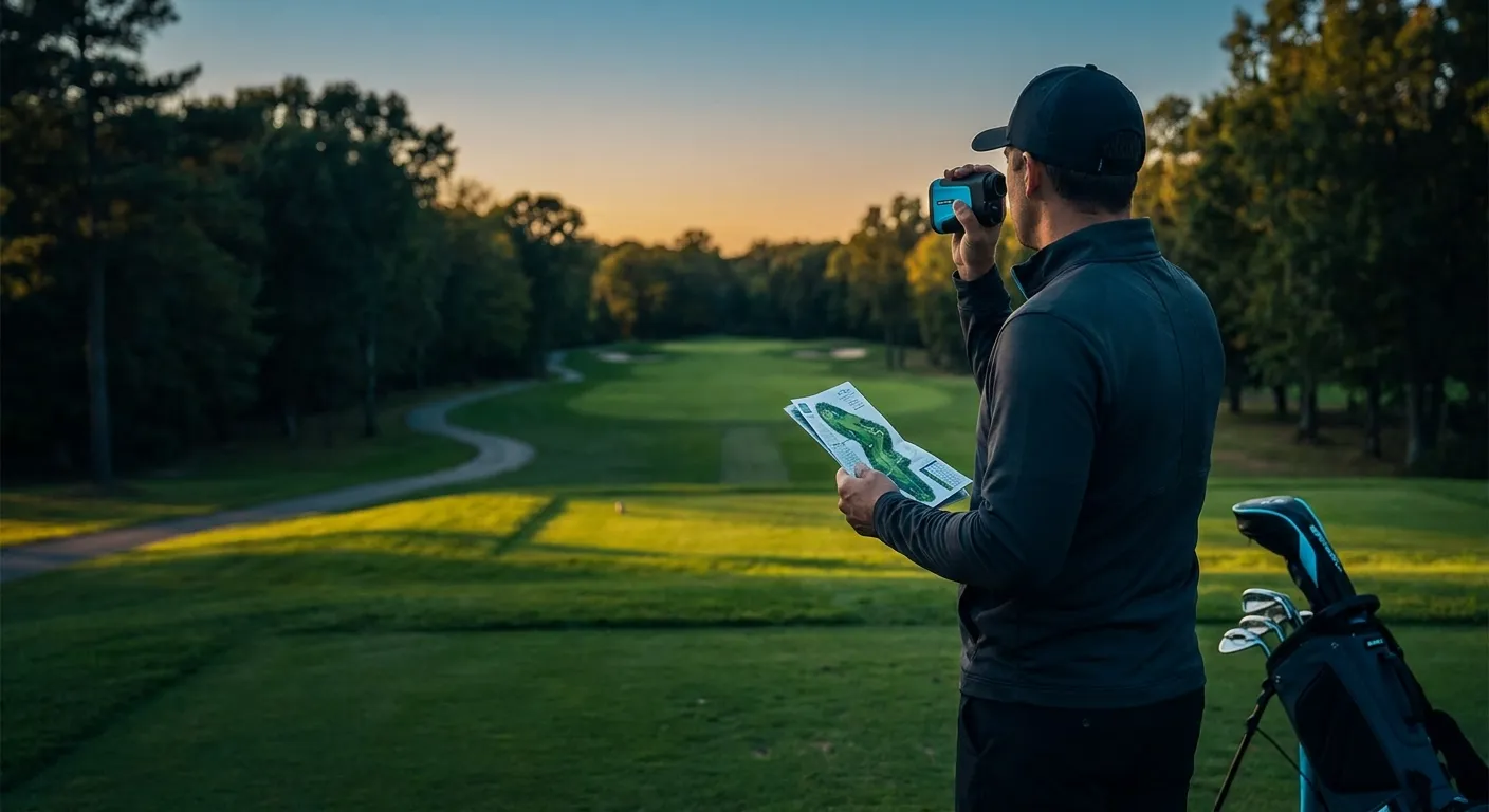 Golf Place golfer uses rangefinder and course map to improve golf course strategy on a scenic course at sunset.