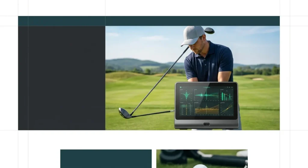 Golf Place golfer using a smart training aid with a digital display showing swing data to improve golf swing fundamentals on