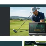 Golf Place golfer using a smart training aid with a digital display showing swing data to improve golf swing fundamentals on