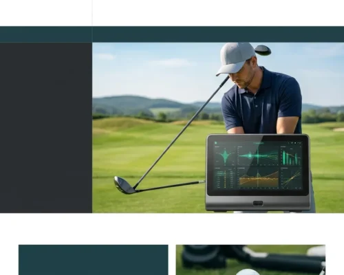 Golf Place golfer using a smart training aid with a digital display showing swing data to improve golf swing fundamentals on